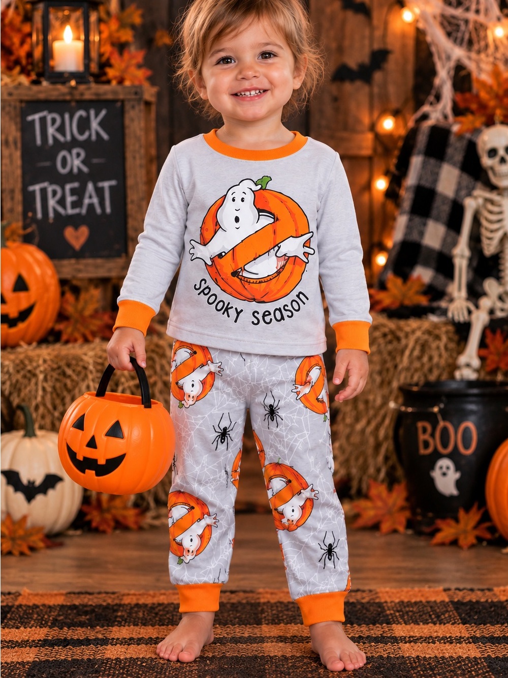 Kids' Halloween Spooky Season Ghost Pumpkin Pajama Set - Orange/Gray size 2T